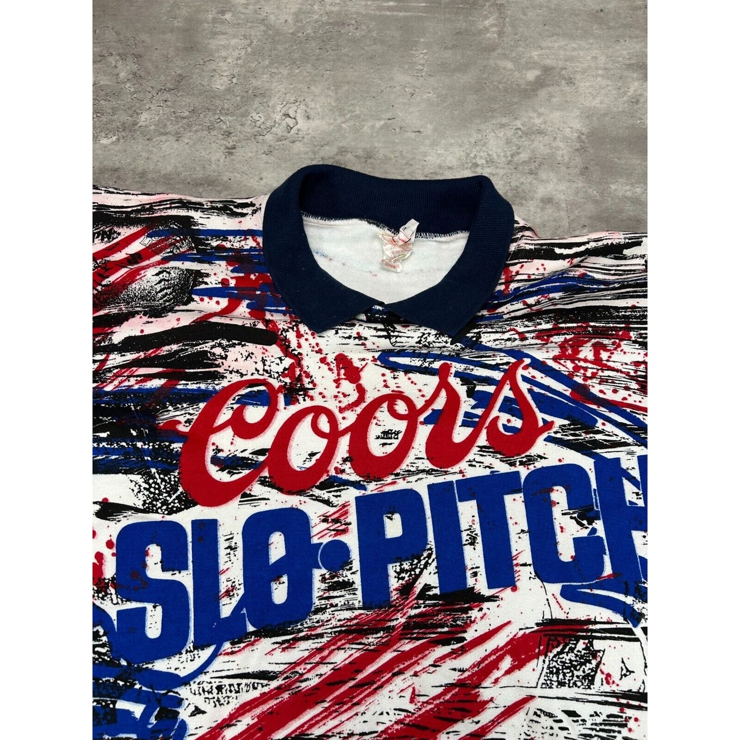 Vintage 90s Coors Slo-Pitch All Over Print Graphic Collared Sweatshirt Size XL