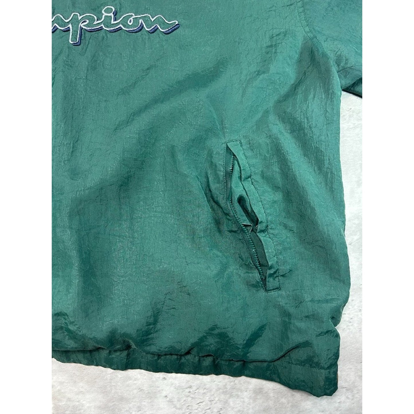 Vintage 90s Champion Embroidered Spellout Nylon Pullover Jacket Size XL Green