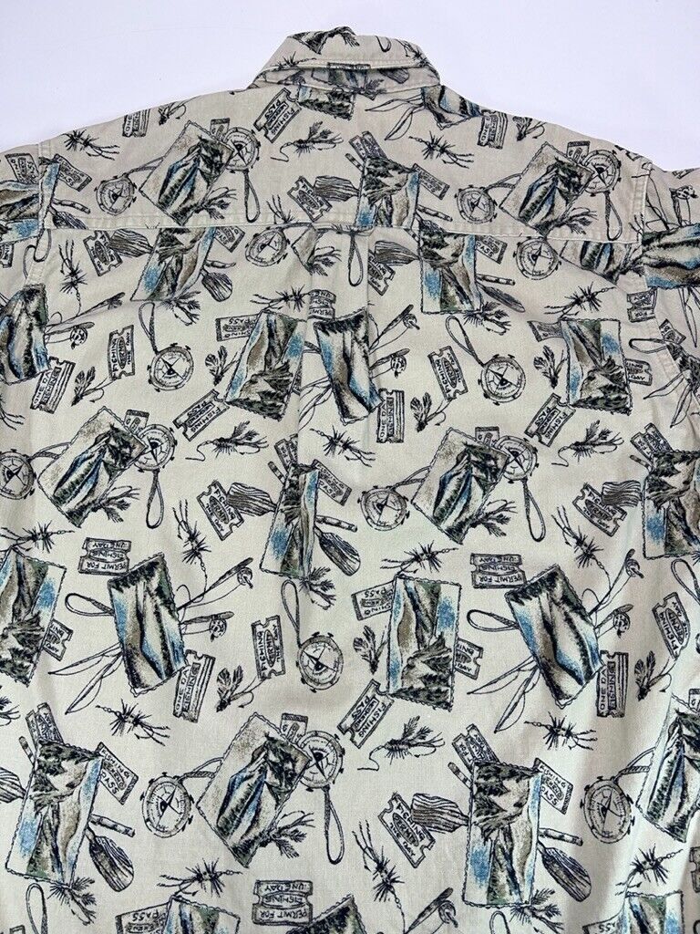 Vintage 90s Woolrich Fishing Graphic AOP Long Sleeve Button Up Shirt Size Medium
