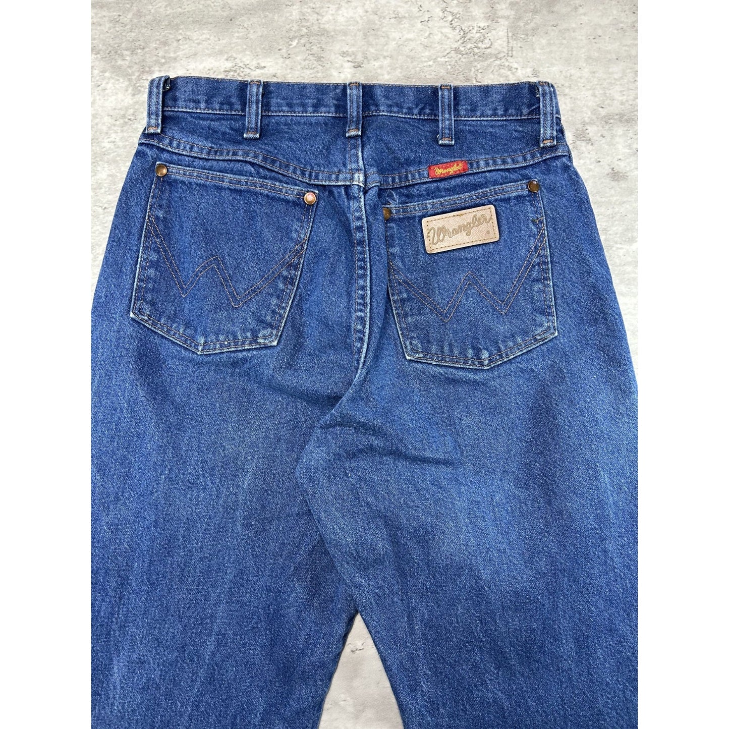 Vintage 90s Wrangler Leather Patch Dark Wash Denim Pants Size 29 Blue