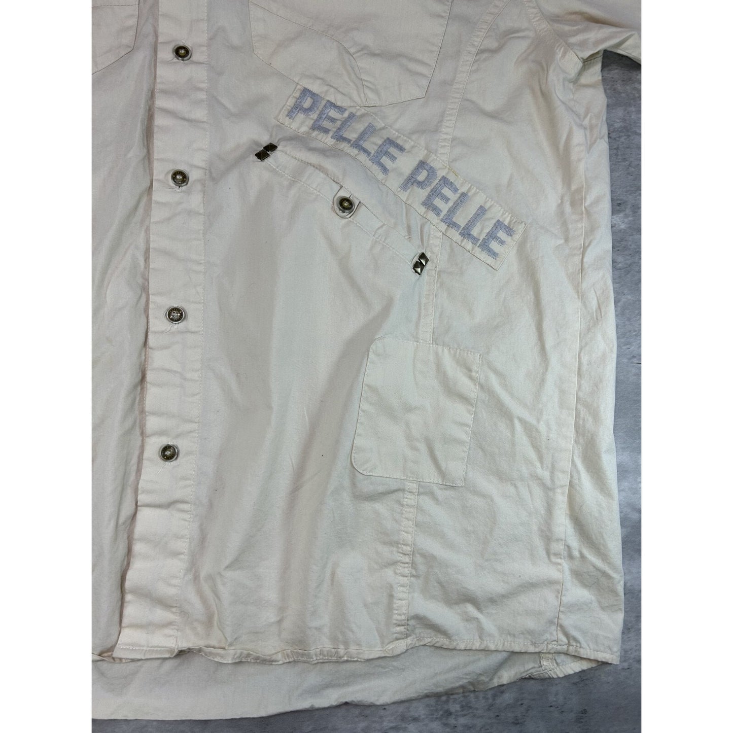 Vintage Y2K Pelle Pelle Spellout Long Sleeve Button Up Shirt Size XL Beige