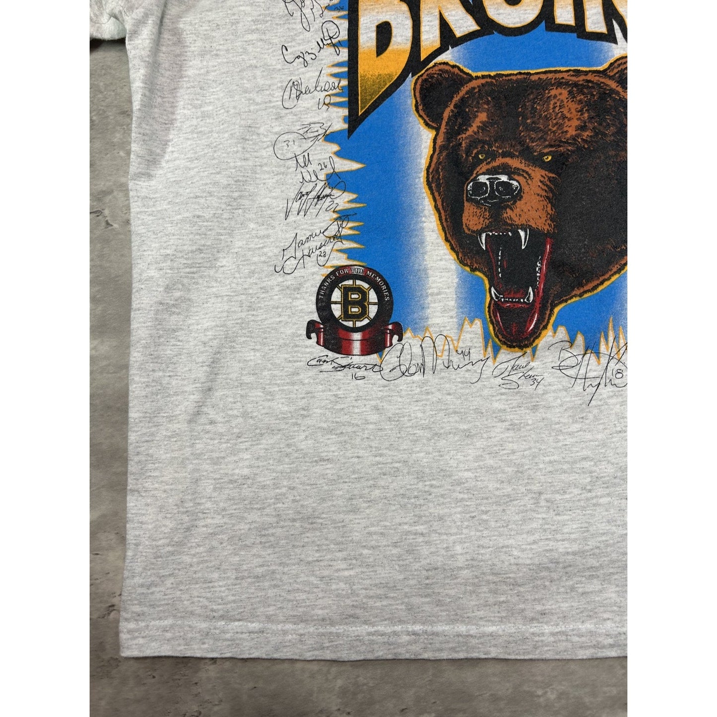 Vintage 90s Boston Bruins NHL Bear Graphic Spellout Hockey T-Shirt Size XL