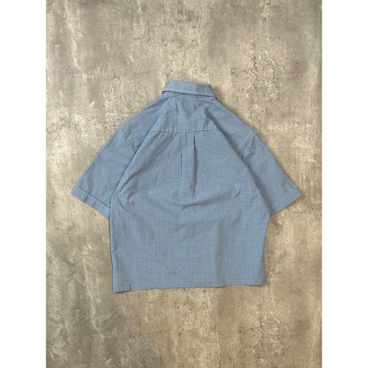 Vintage Arrow Plaid Print Short Sleeve Reworked Cropped Button Up Shirt Sz Large