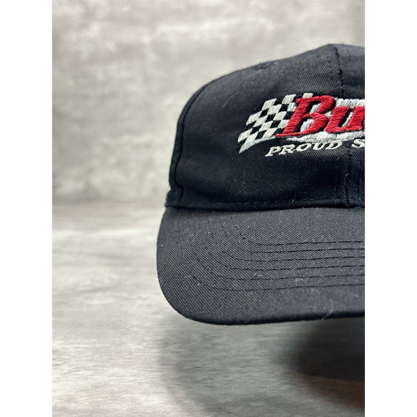 Vintage Budweiser Racing Embroidered Spellout Nascar Strapback Hat OSFA Black