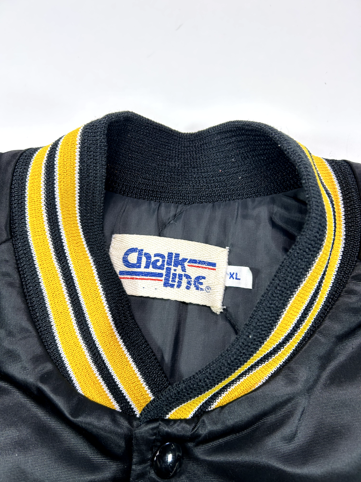 Vintage 80s Pittsburgh Steelers NFL Satin Chalk Line Bomber Jacket Size XL Black