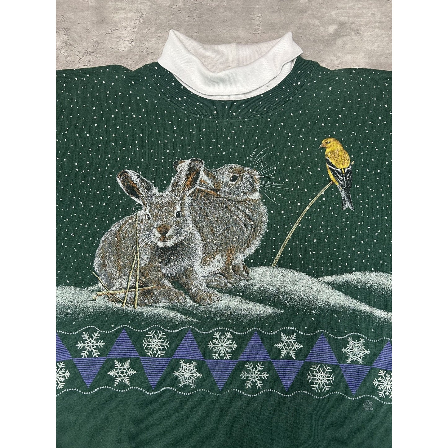 VTG 1994 Bunny Winter Wildlife Nature All Over Print Turtle Neck Sweatshirt XL