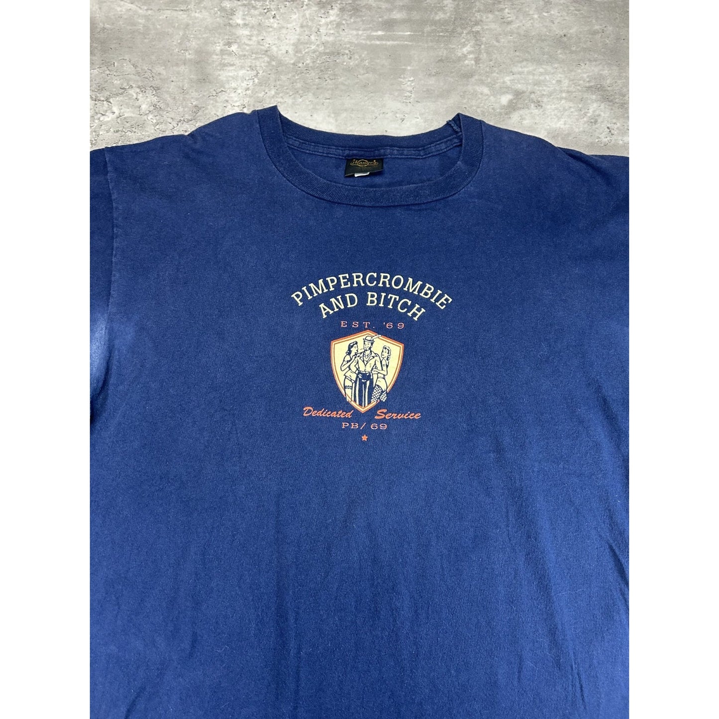 Vintage 90s Pimpercrombie And Bitch Parody Spellout T-Shirt Size XL Blue