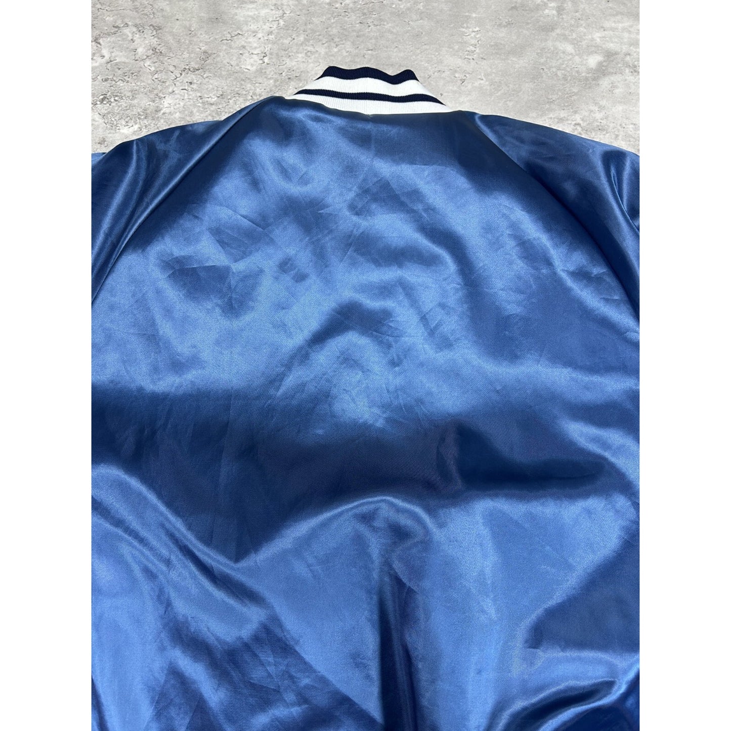 Vintage 80s Buick Embroidered Patch Satin Bomber Jacket Size Large Blue