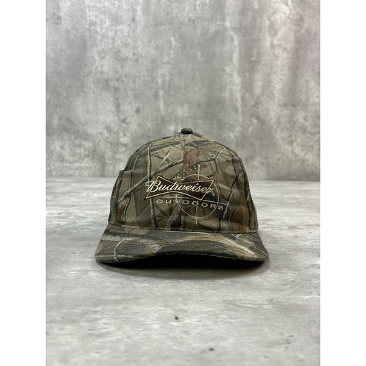 Vintage Budweiser Outdoors Embroidered Tree Camo Hunting Snapback Hat OSFA