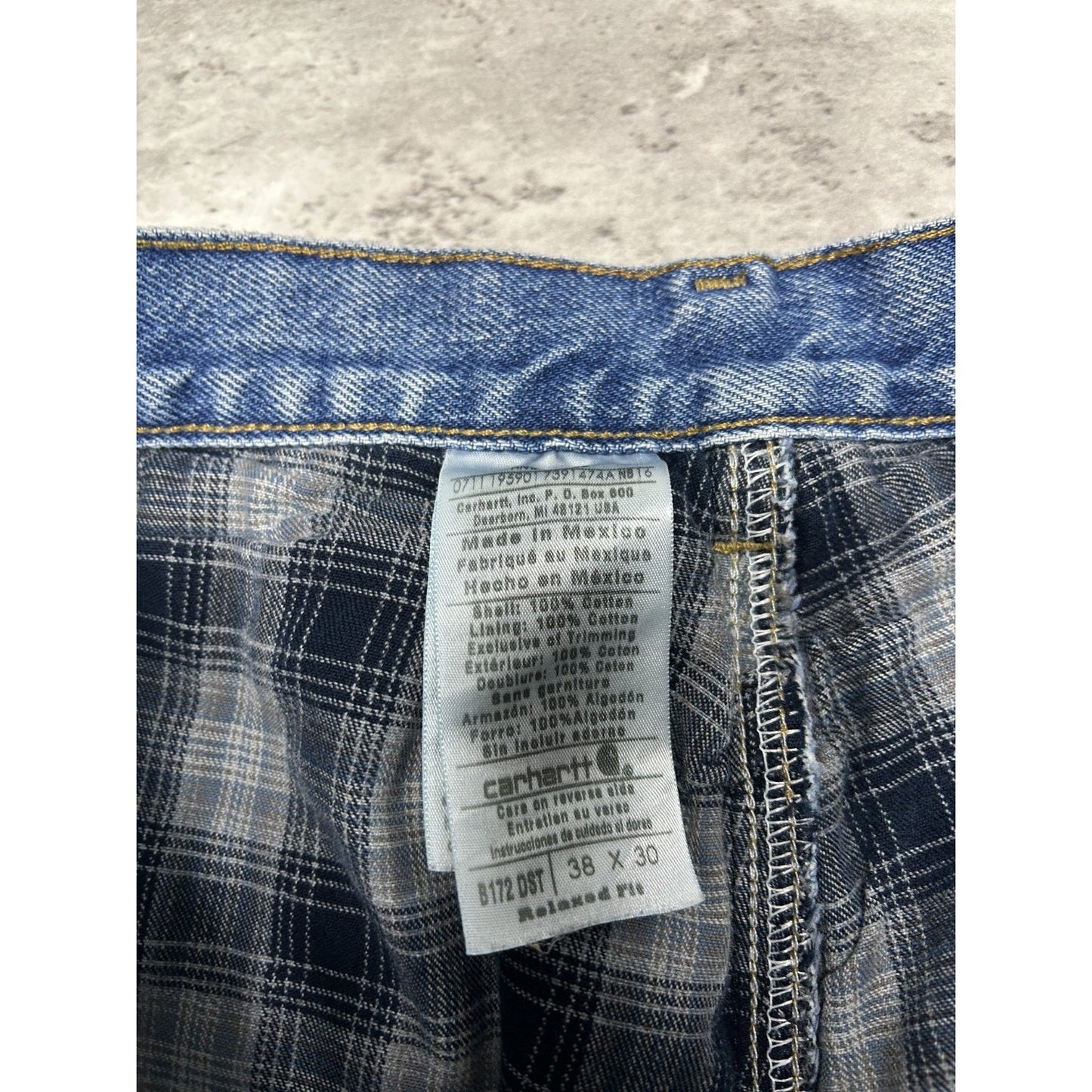 Vintage Carhartt Relaxed Fit Plaid Lined Medium Wash Workwear Denim Pants Sz 37W