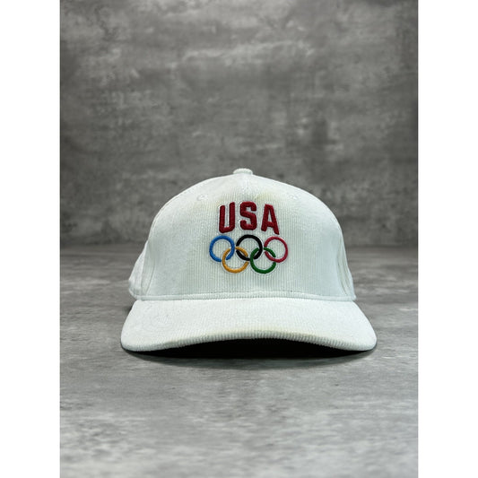 Vintage 90s USA Olympics Embroidered Logo Corduroy Strapback Hat OSFA White