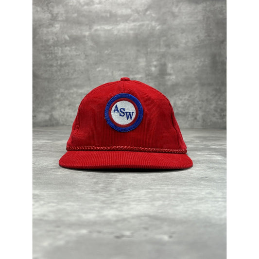 Vintage 90s ASW Embroidered Patch Corduroy Snapback Hat OSFA Red