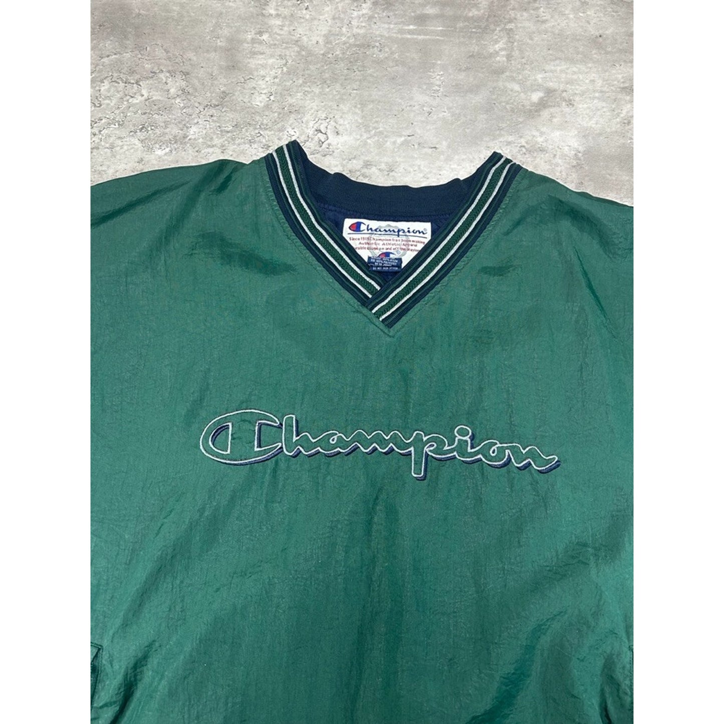 Vintage 90s Champion Embroidered Spellout Nylon Pullover Jacket Size XL Green