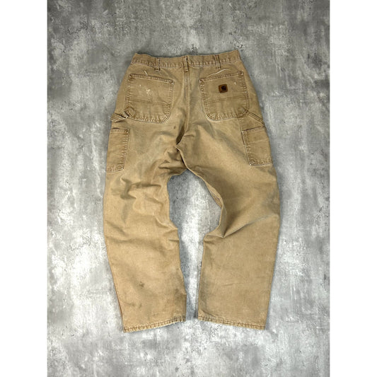 Vintage Carhartt Plaid Lined Dungaree Fit Canvas Workwear Carpenter Pants Size 33