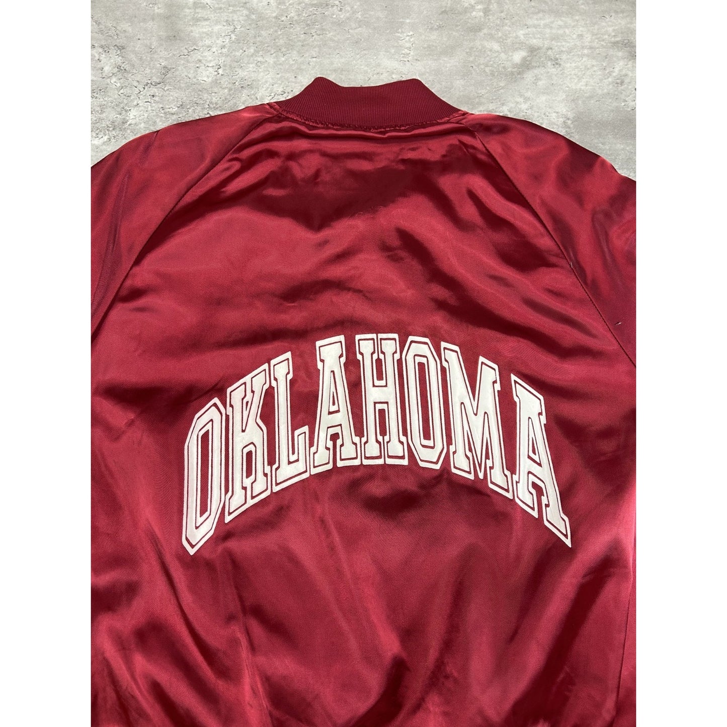Vintage 80s Oklahoma Sooners NCAA Collegiate Satin Bomber Jacket Size XL