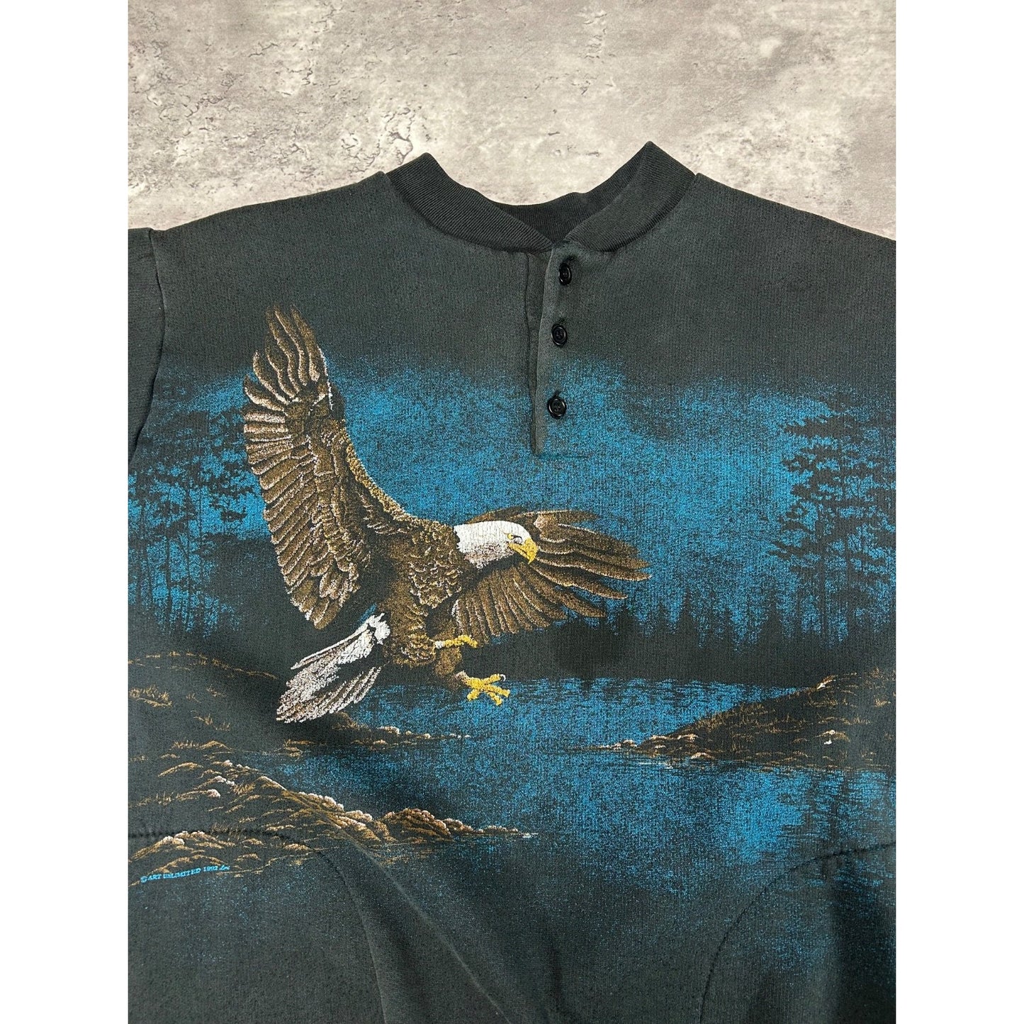 Vintage 90s Bald Eagle Nature Graphic All Over Print 1/4 Button Sweatshirt Sz L