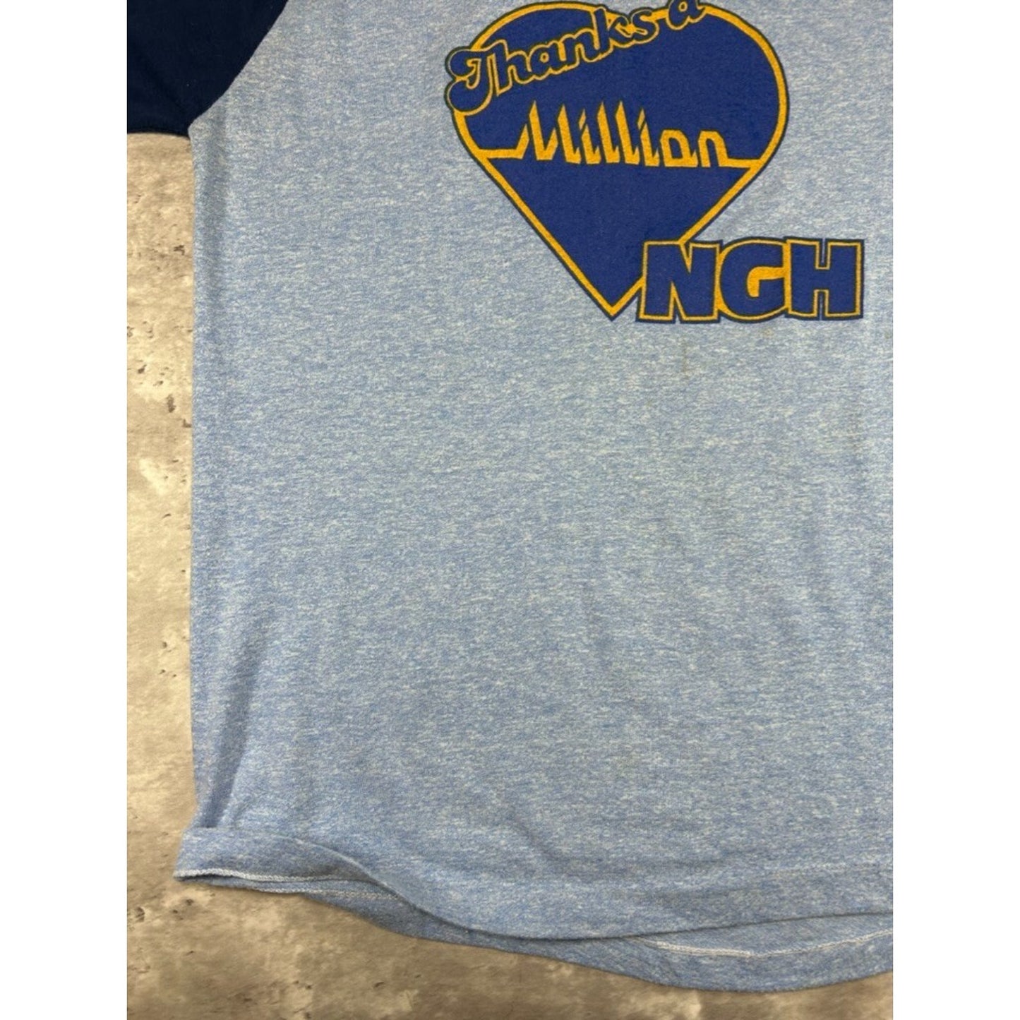Vintage 1970s Thanks A Million NGH Graphic Spellout Raglan T-Shirt Size Medium