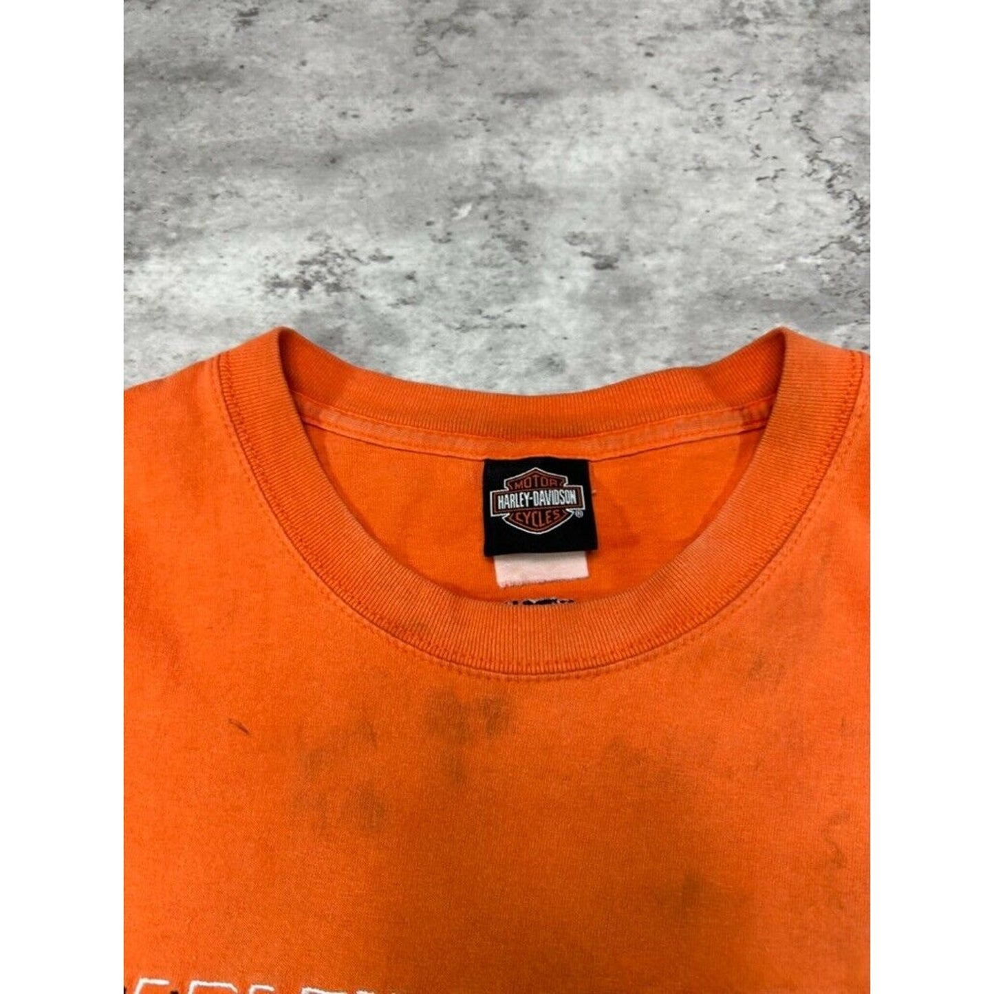 Vintage Harley Davidson Embroidered Spell Out Distressed T-Shirt Size XXL Orange