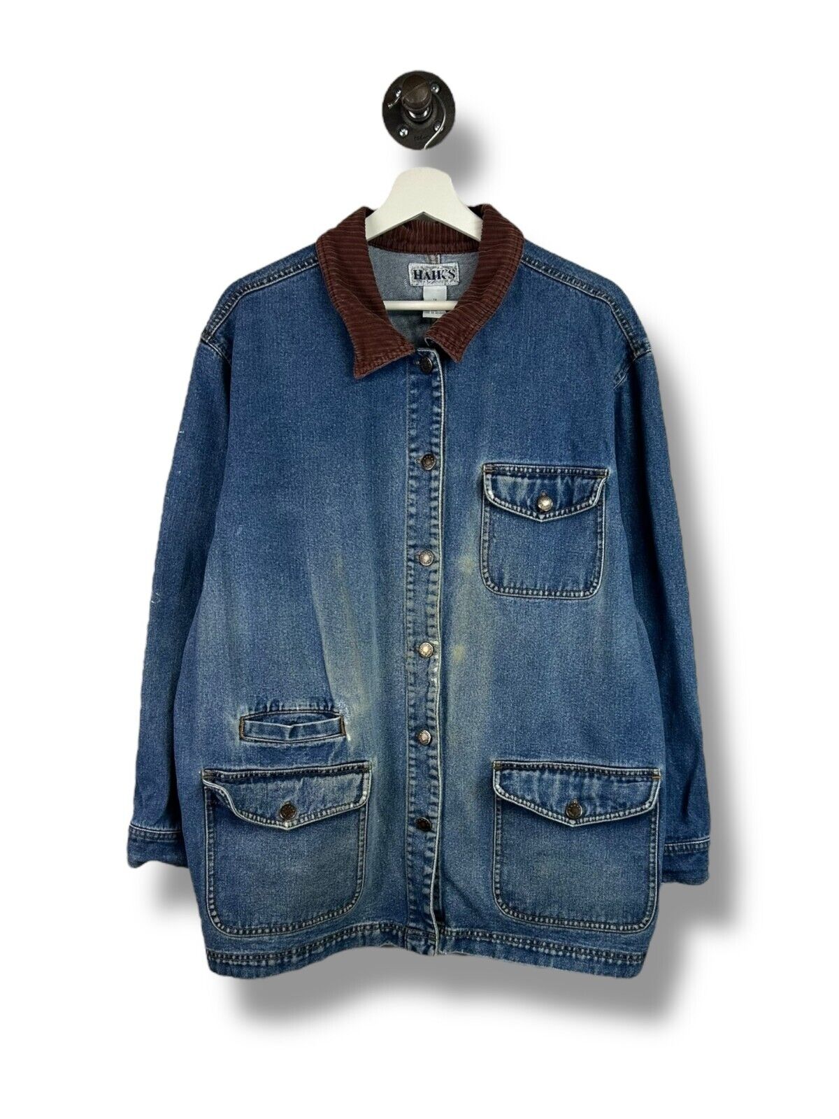Vintage 90s Haik's Medium Wash Denim Button Up Long Chore Jacket Size XL Blue