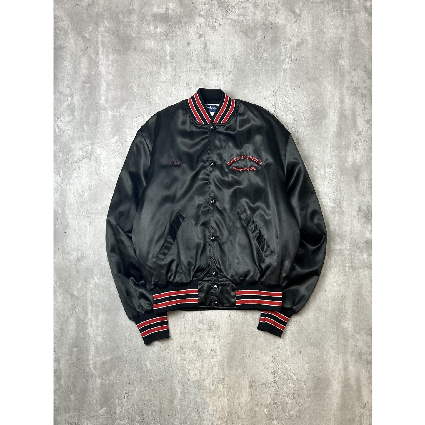 Vintage 80s Honda Of America Embroidered Satin Bomber Jacket Size Large Black