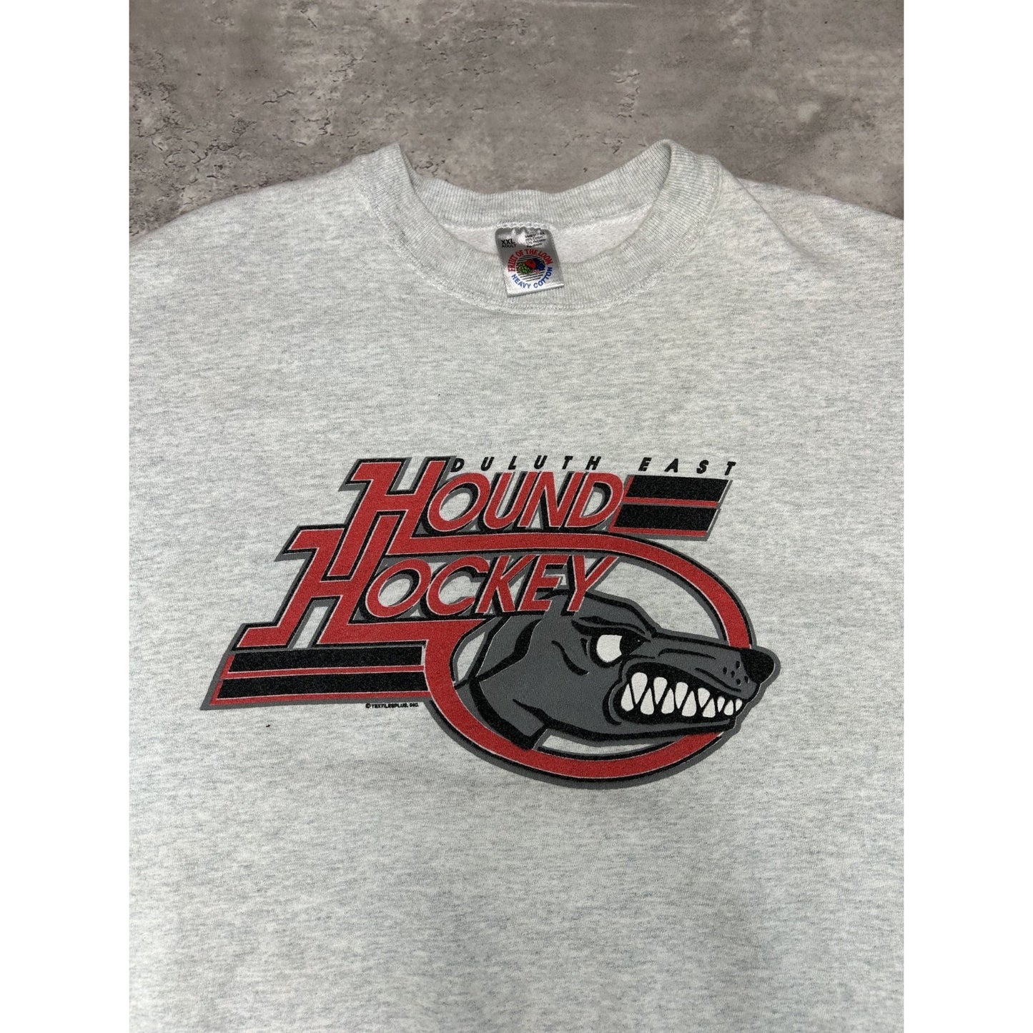 Vintage 90s Duluth East Hound Hockey Spellout Graphic Sweatshirt Size XXL Gray