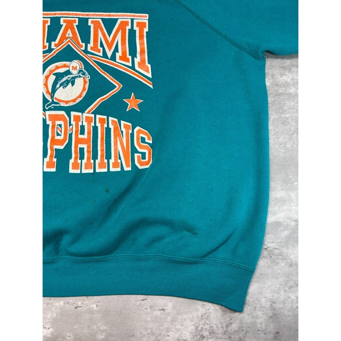 Vintage 90s Miami Dolphins NFL Big Graphic Spellout Sweatshirt Size XL Teal