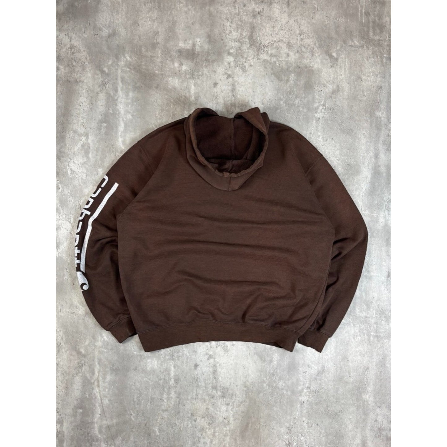 Vintage Carhartt Sleeve Spellout Workwear Hooded Sweatshirt Size Large Brown