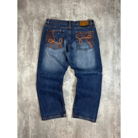Vintage Y2K Ask Embroidered Pockets Dark Wash Denim Pants Size 38 Blue