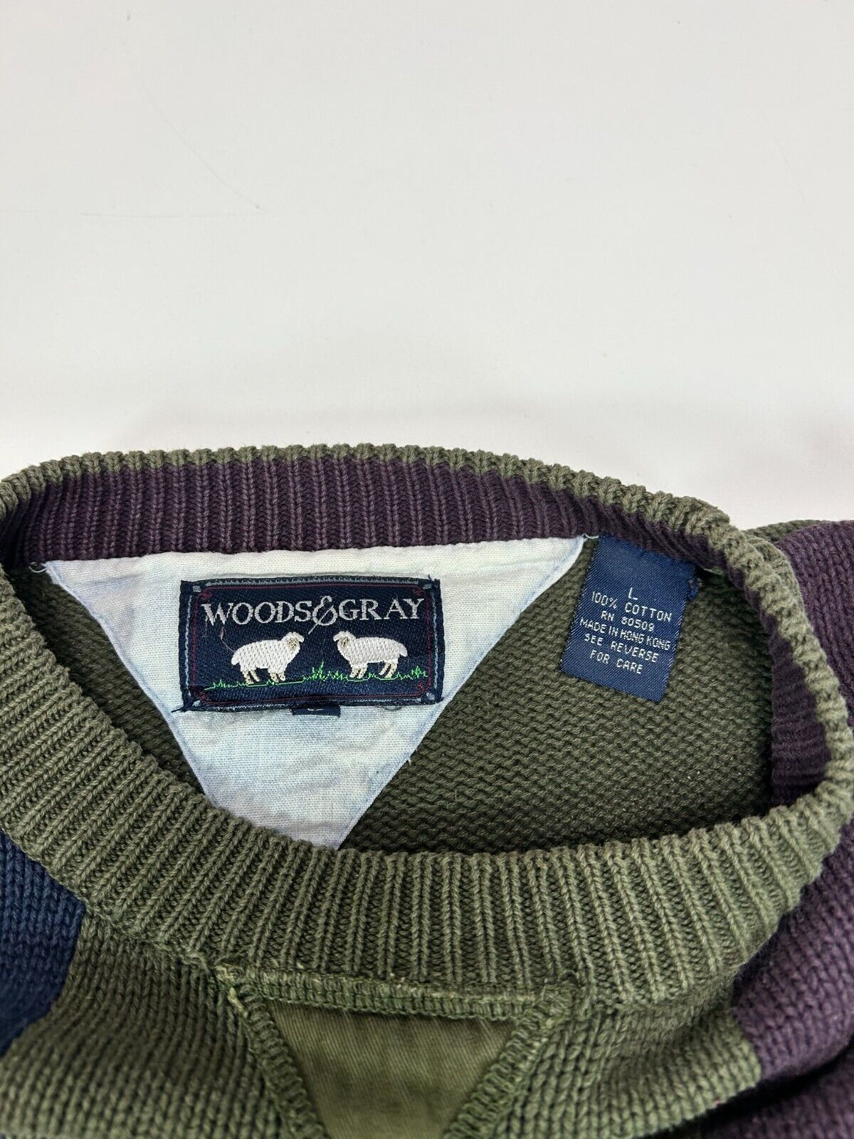 Vintage Woods & Gray Color Block Striped Embroidered Crest Knit Sweater Size Large