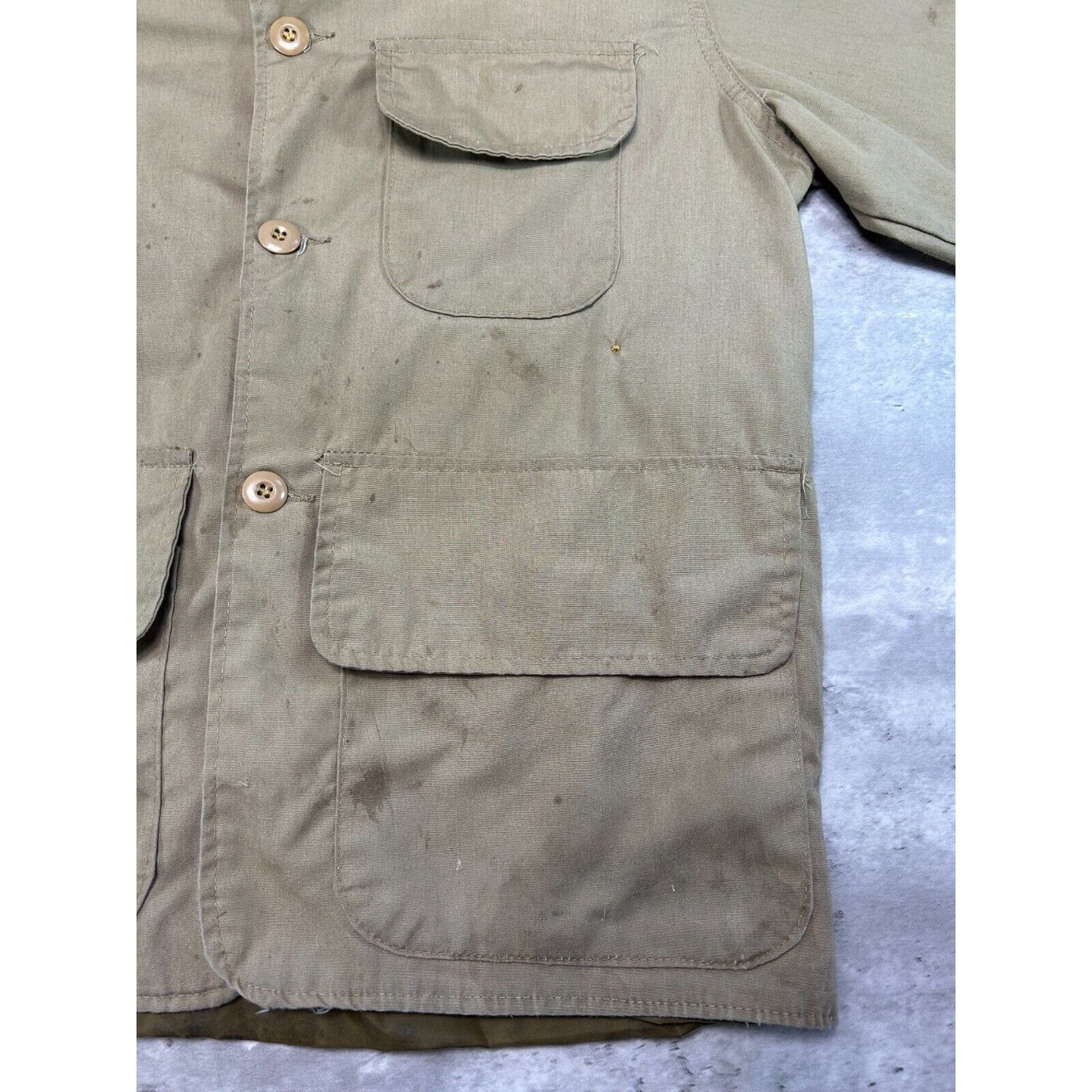 Vintage 1970s Saf-T-Bak Three Pocket Hunting Long Jacket Size XL Beige