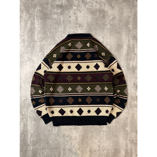 Vintage 90s Woods & Gray Diamond Striped Print Pullover Knit Sweater Size Large