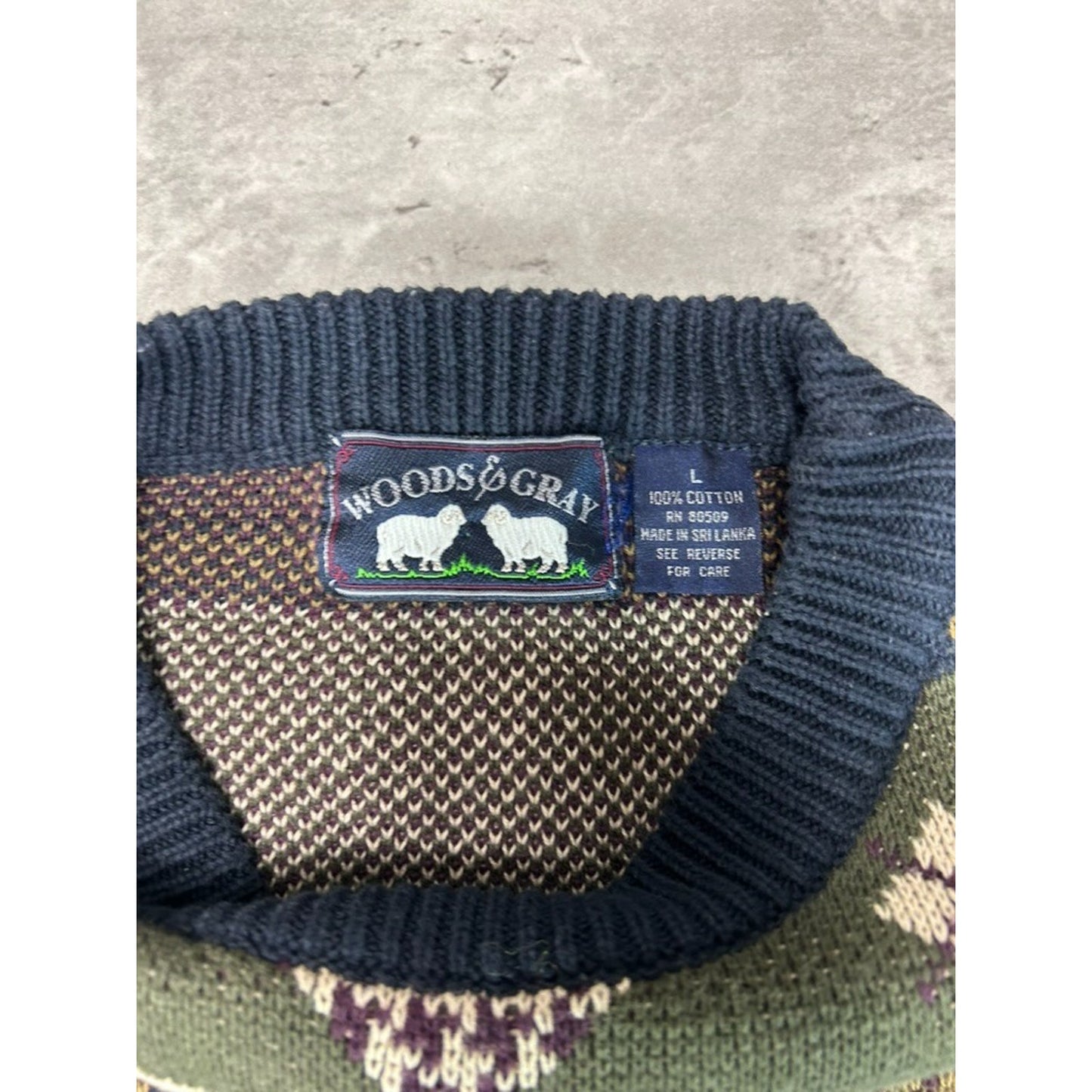 Vintage 90s Woods & Gray Diamond Striped Print Pullover Knit Sweater Size Large