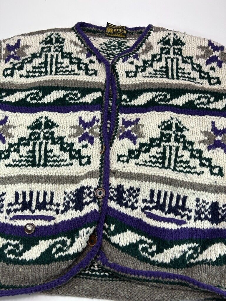 Vintage 80s Rey Wear Abstract Print 100% Wool Pocketed Cardigan Sweater Size Large