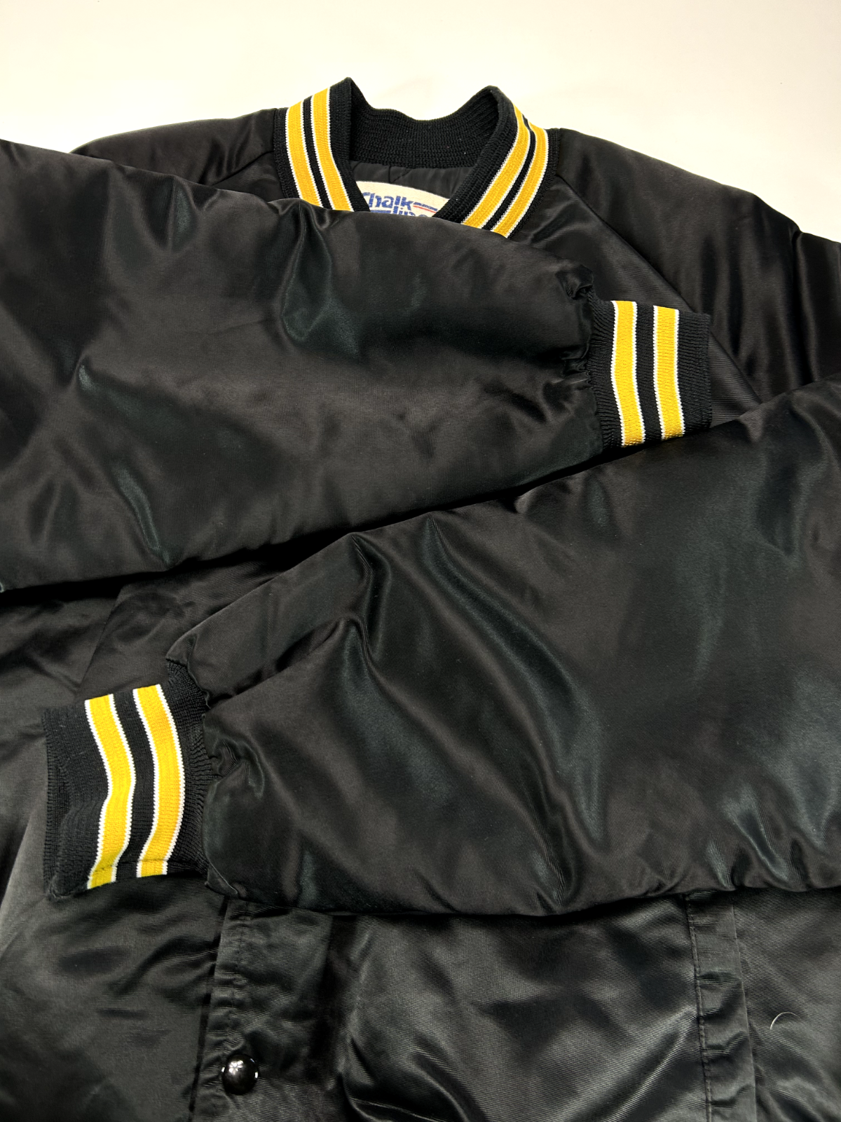 Vintage 80s Pittsburgh Steelers NFL Satin Chalk Line Bomber Jacket Size XL Black