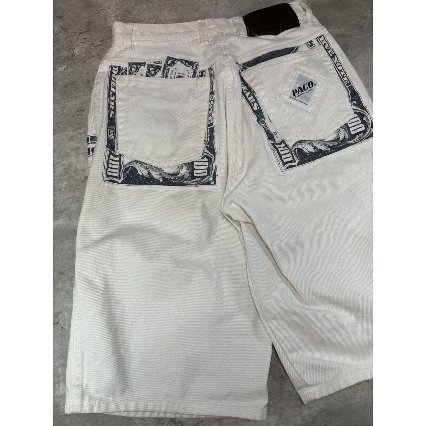 Vintage Y2K Paco Jeans Hundred Dollar Bill Patch Work White Denim Shorts Sz 28