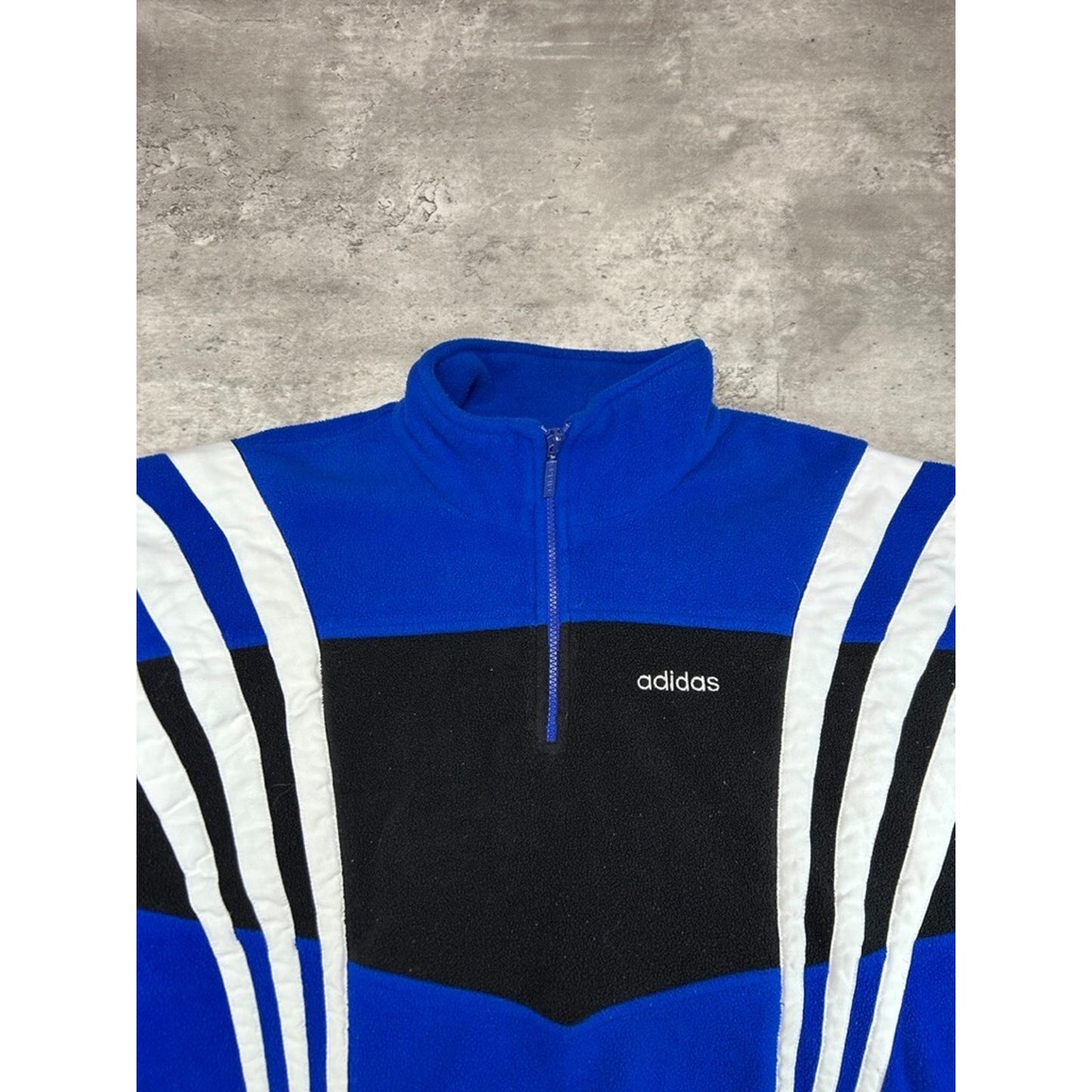 Vintage 80s Adidas Embroidered Spellout 1/4 Zip Fleece Sweatshirt Size XL Blue
