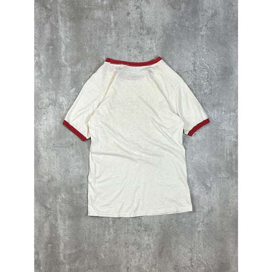 Vintage 1970 Jr Basketball School Graphic Spell Out Ringer T-Shirt Size Medium