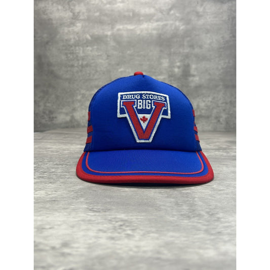Vintage 80s Drug Stores Big V Embroidered Three Stripe Trucker Snapback Hat OSFA