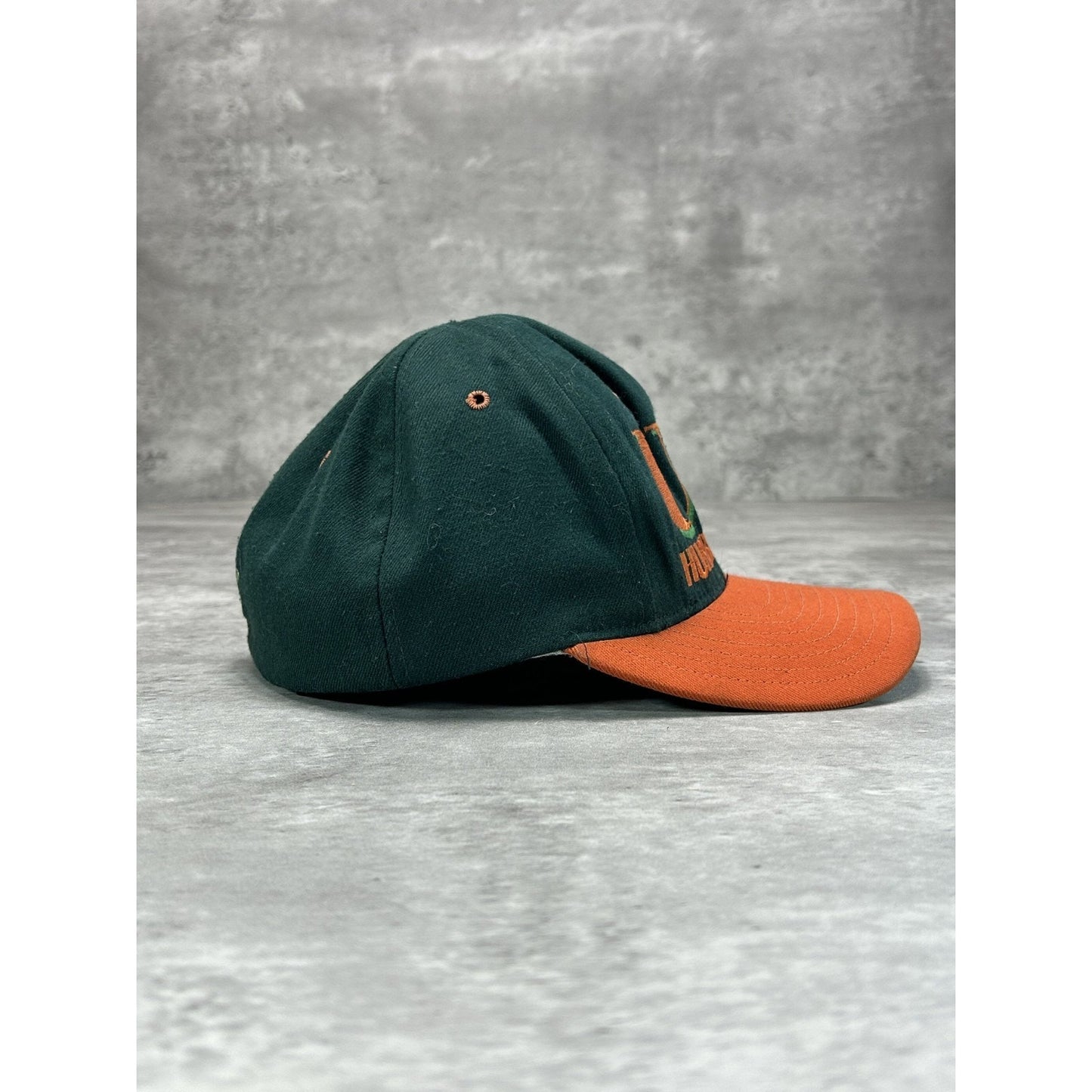 Vintage 90s Miami Hurricanes NCAA Embroidered Spellout Fitted Hat 7 Green