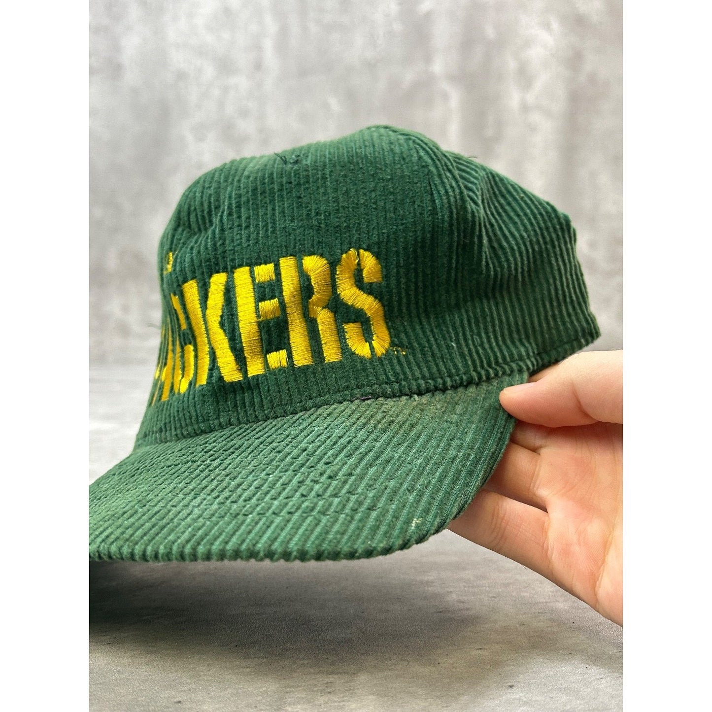 VTG 90s Green Bay Packers NFL Embroidered Spellout Corduroy Snapback Hat OSFA