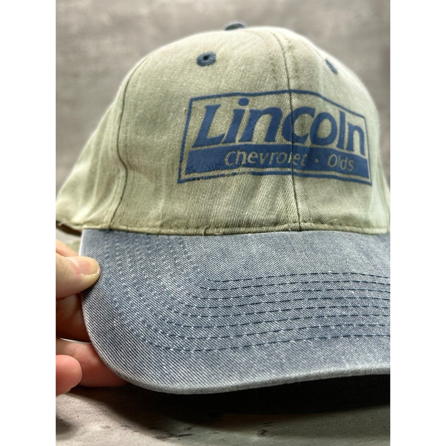 Vintage Lincoln Chevrolet Graphic Spellout Logo Two Tone Strapback Hat OSFA