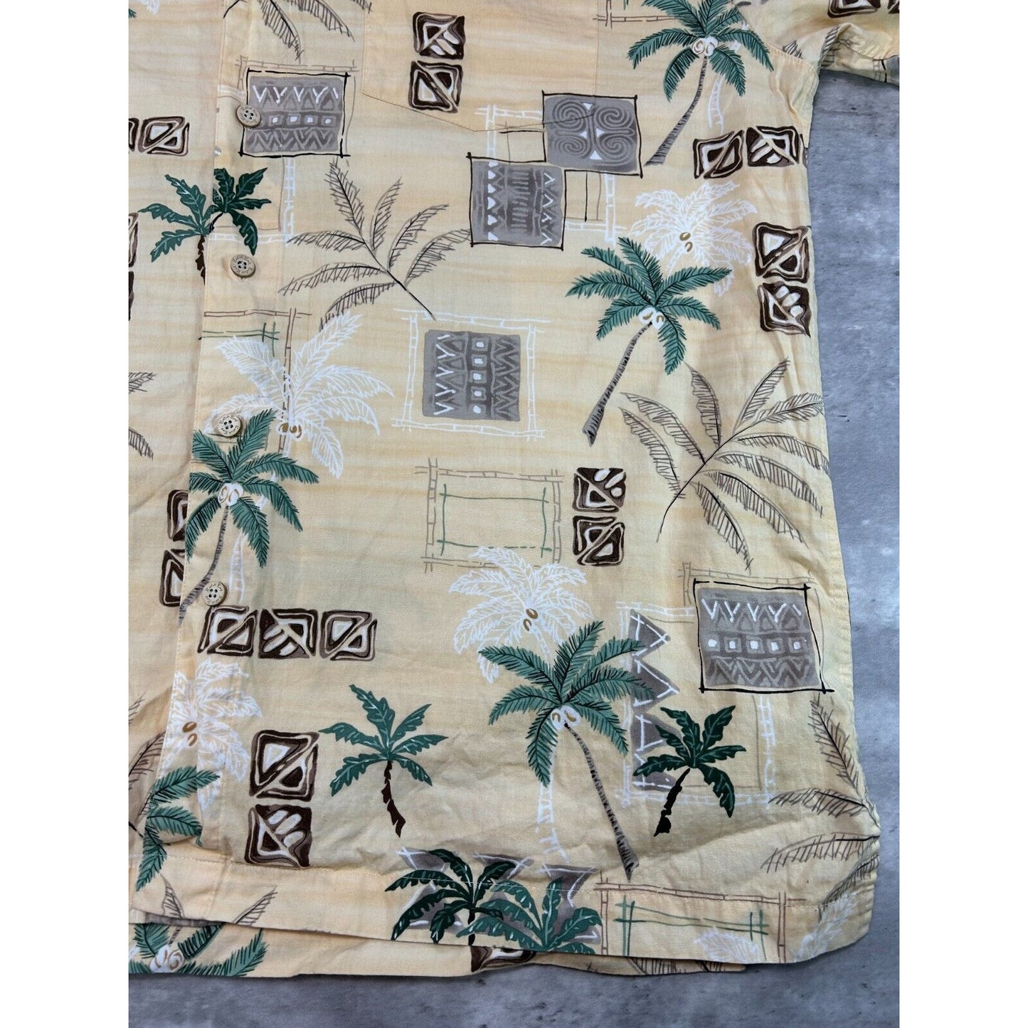Vintage Palm Tree Pattern Print Short Sleeve Button Up Shirt Size XL Yellow