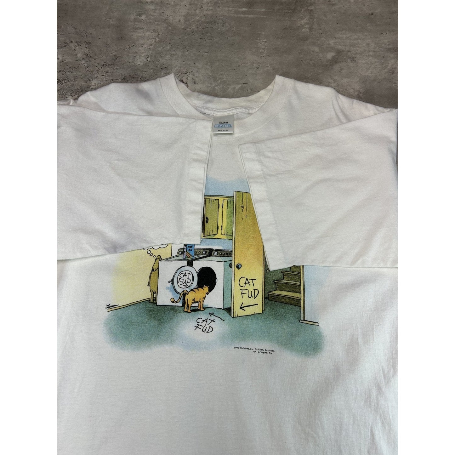 Vintage 1990 Cat Fud Cartoon Comedy Graphic T-Shirt Size XL White
