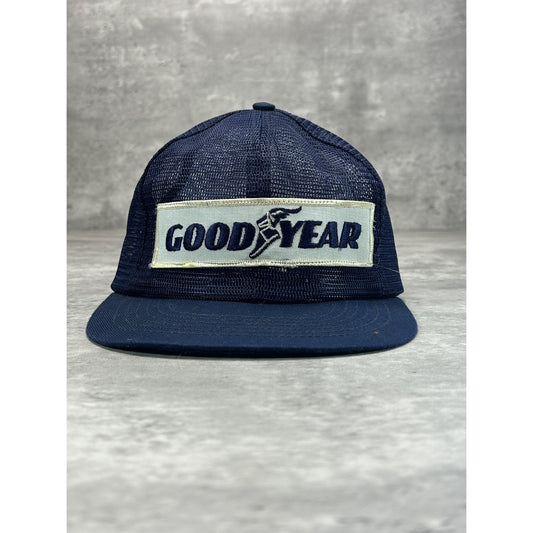 Vintage 80s Goodyear Embroidered Patch Mesh Snapback Hat OSFA Navy Blue