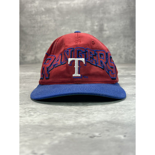 Vintage 90s Texas Rangers MLB Embroidered Arc Spellout Snapback Hat OSFA