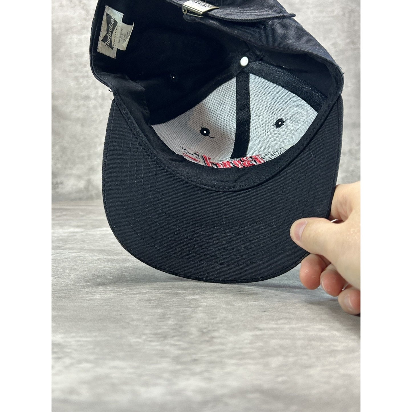 Vintage Budweiser Racing Embroidered Spellout Nascar Strapback Hat OSFA Black