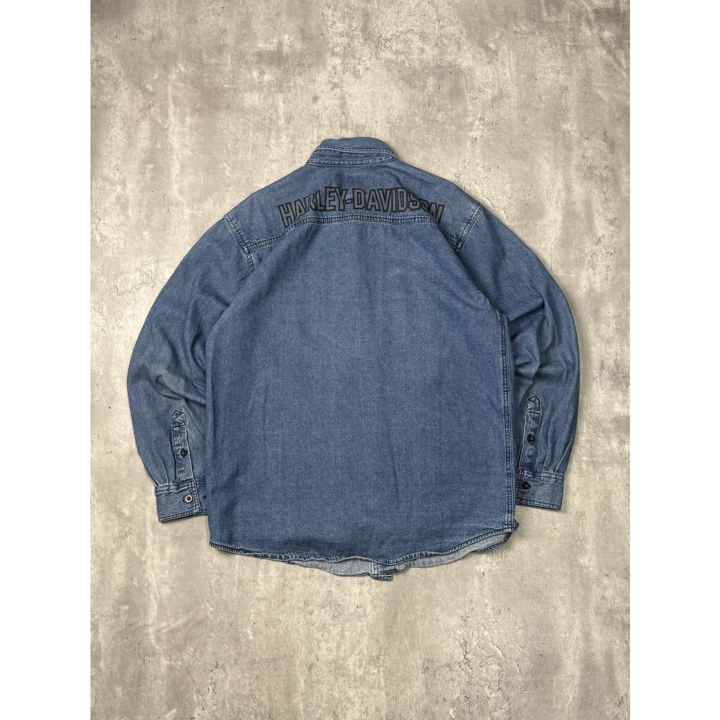 Vintage Y2K Harley Davidson Graphic Logo Denim Button Up Shirt Size Large Blue