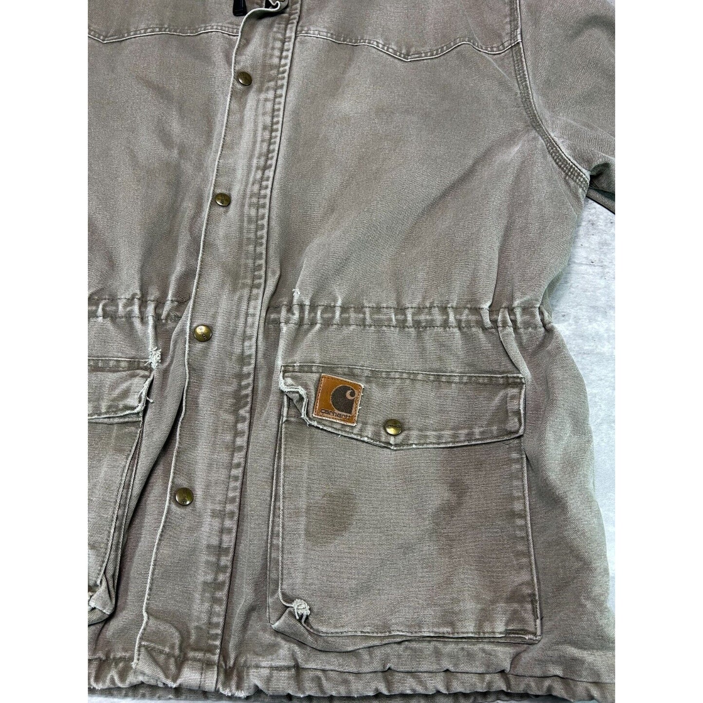 Vintage 90s Carhartt Quilted Lined Canvas Work Wear Farm Jacket Size XL Beige