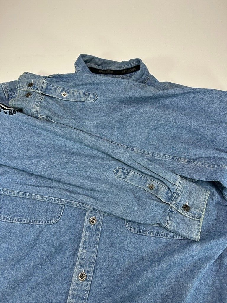 Harley Davidson Embroidered Denim Long Sleeve Button Up Shirt Size XLT Blue
