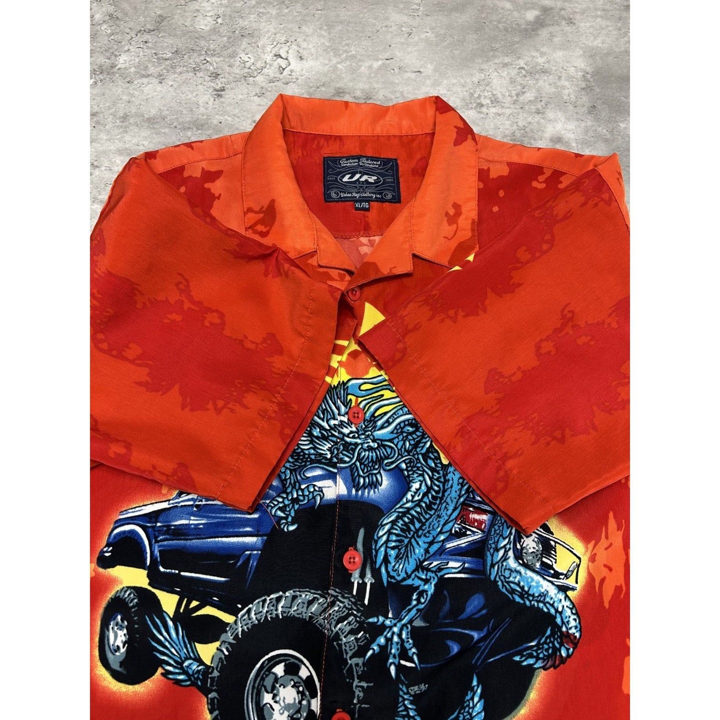 Vintage Y2K Urban Rags Tribal Truck Graphic All Over Print Button Up Shirt Sz XL